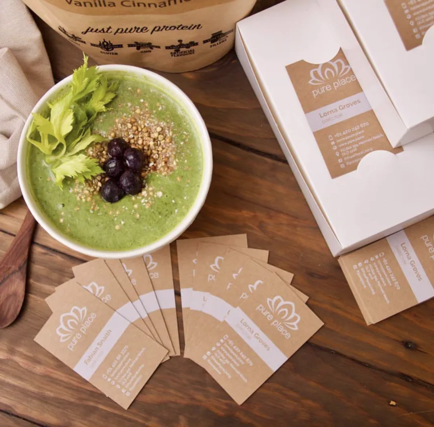 Printed kraft business cards and packaging for Pure Place