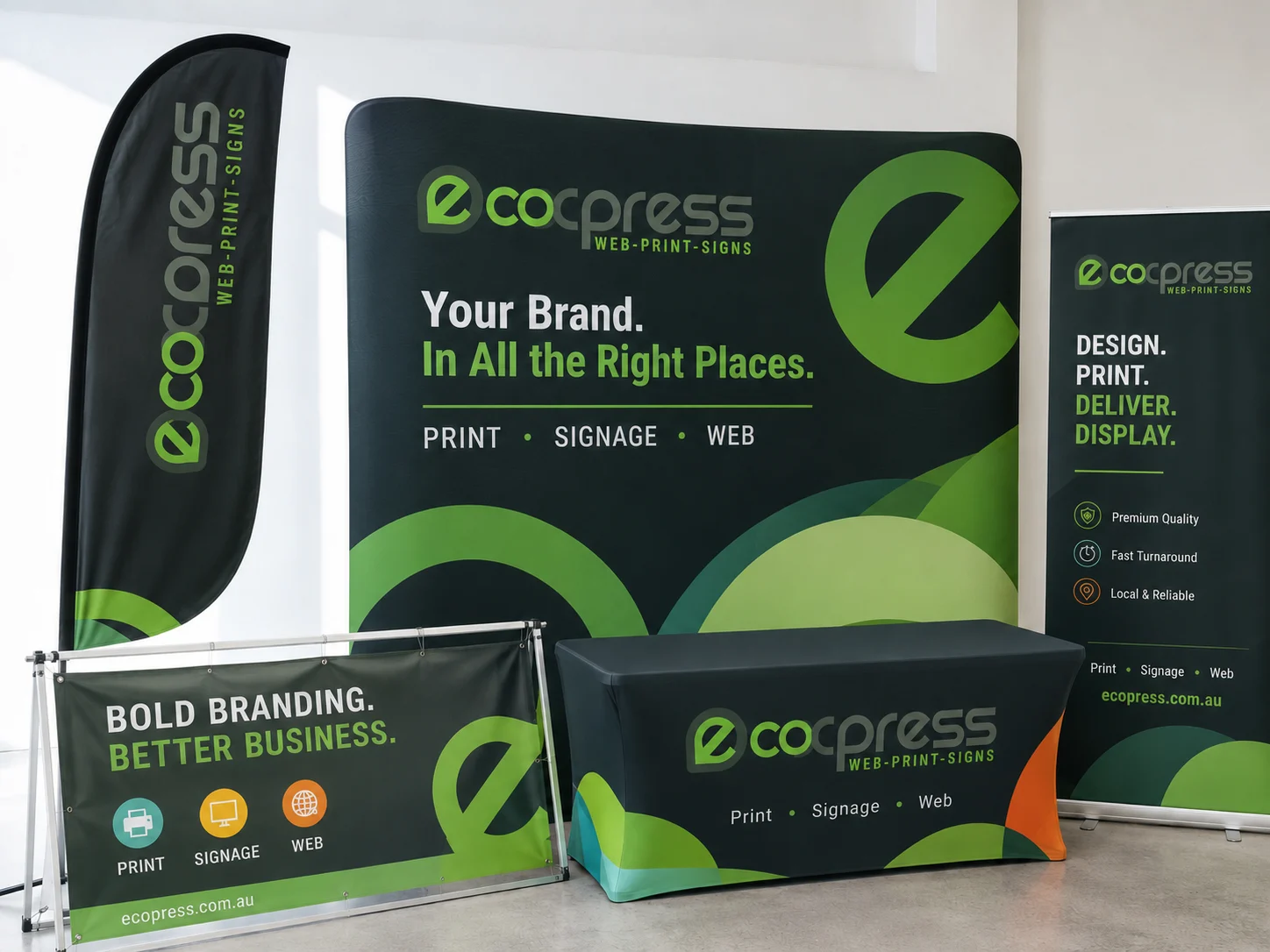 EcoExpress fabric sign printing display kit with media wall, feather flag, banner, pull-up banner and branded table cloth
