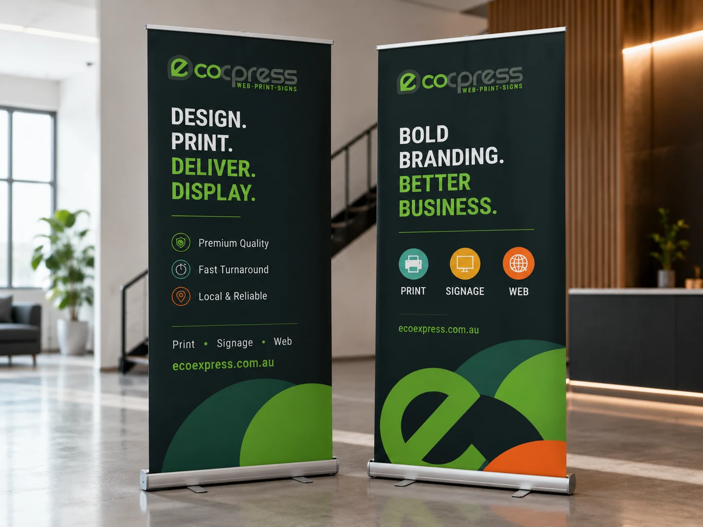 EcoExpress pull-up banner display stands for indoor events and promotions
