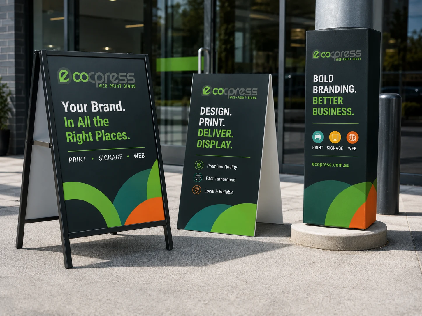 EcoExpress branded pavement signs and outdoor display signage for local promotions