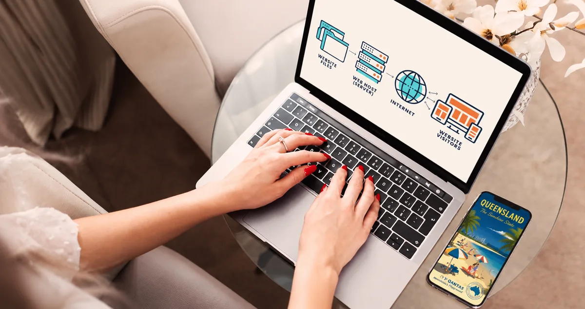 Website hosting workflow shown on a laptop